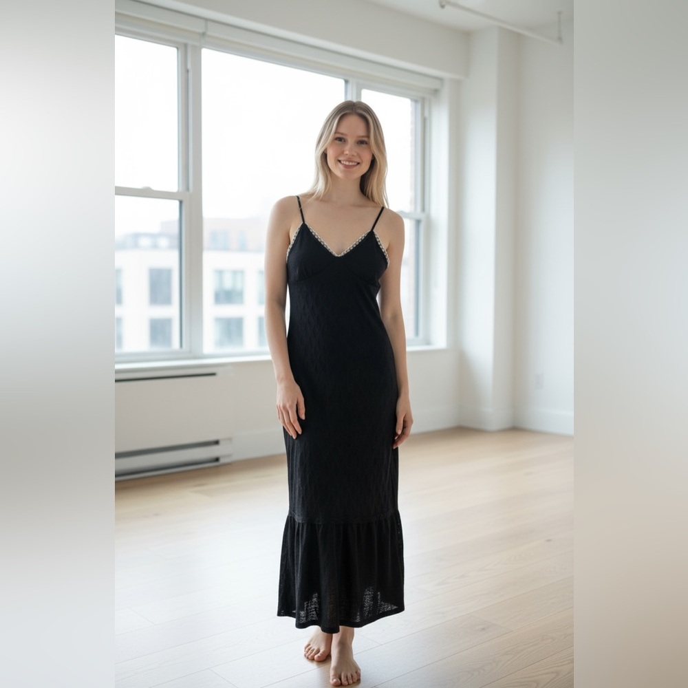 Slip Midi Soft 90 Y2K Strappy Dress S Black New Party Textured Tiered Resortwear